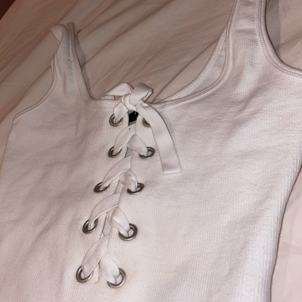 Forever 21 White Ribbed Lace-up Body Suit